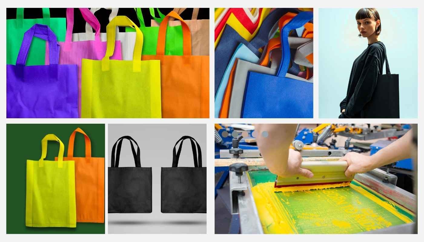 Um conjunto de sacolas de algodão respirável para venda no atacado, cheias de limões e verduras, demonstrando a textura orgânica da malha e as etiquetas personalizadas de tara, essenciais para compras com zero desperdício.