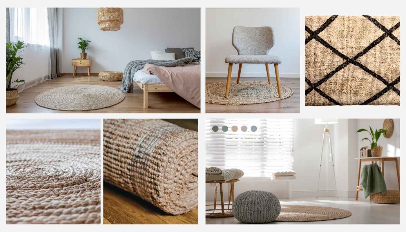 Detalhe ampliado de um tapete de juta xadrez tecido à mão, mostrando o intrincado padrão de trançado e as fibras naturais duráveis ​​em um design quadriculado.