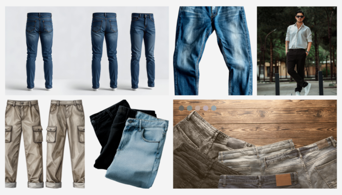 Calças cargo pretas resistentes para homem, com bolsos utilitários reforçados e acabamento em denim de alta qualidade.