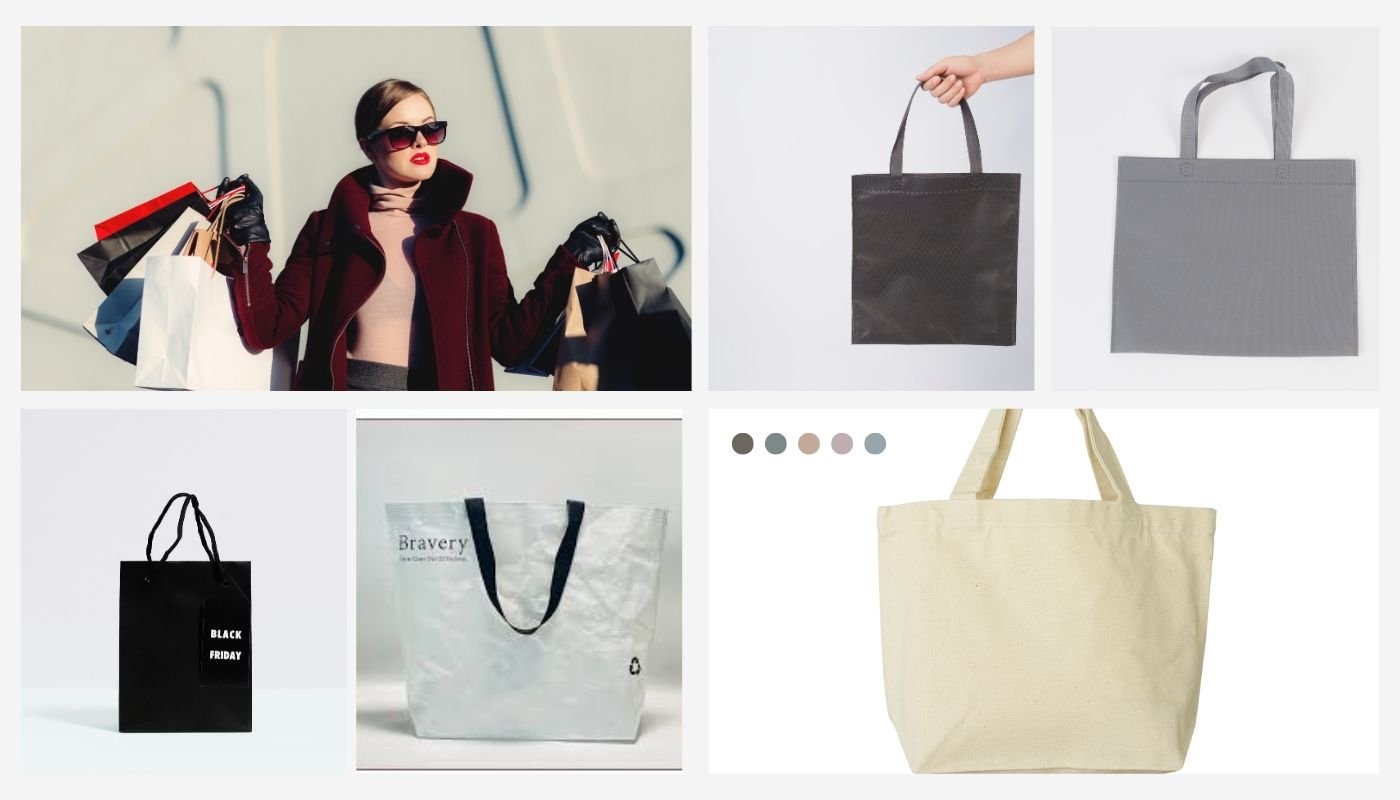 Sacolas de tecido PP dobráveis ​​e compactas exibidas ao lado de sacolas de mercado de tamanho normal para demonstrar a versatilidade de armazenamento e a personalização de cores vibrantes.